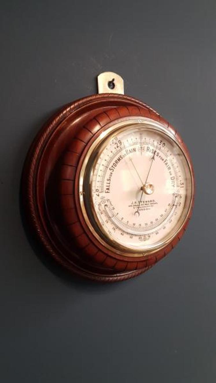 Victorian Walnut Barometer With Crescent Thermometer by Steward - Image 6