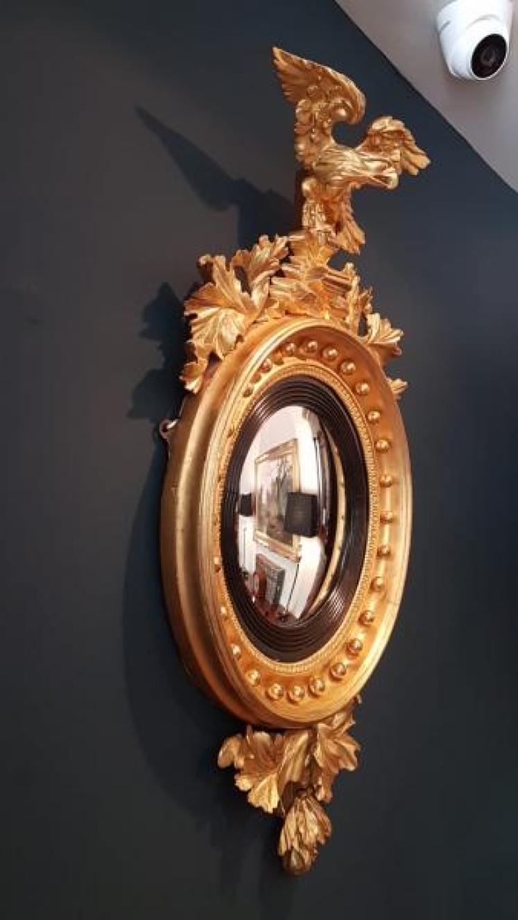 Regency Gilt Convex Mirror with Original Pediment - Image 3