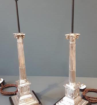 Pair of Sheffield Plate Candlestick Lamps