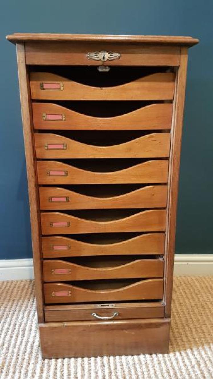 Edwardian Solid Oak Tambour Front File Cabinet - Image 6