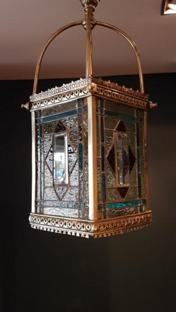 Brass Framed Leaded Glass Lantern - Image 1