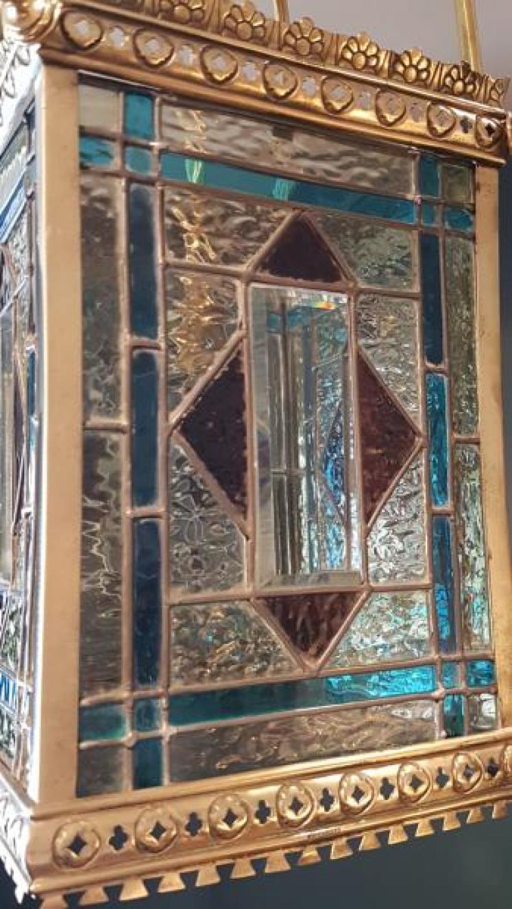 Brass Framed Leaded Glass Lantern - Image 2