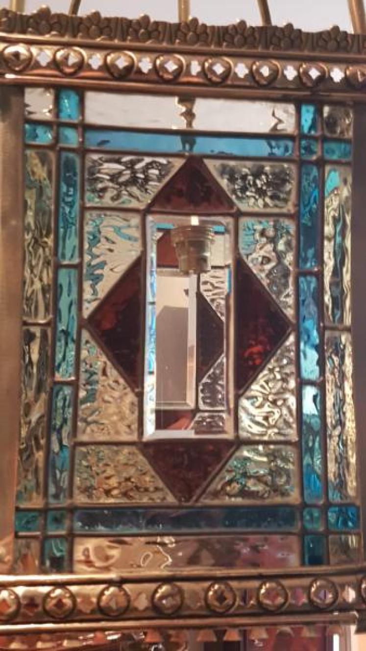 Brass Framed Leaded Glass Lantern - Image 3