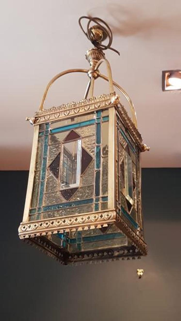 Brass Framed Leaded Glass Lantern - Image 4