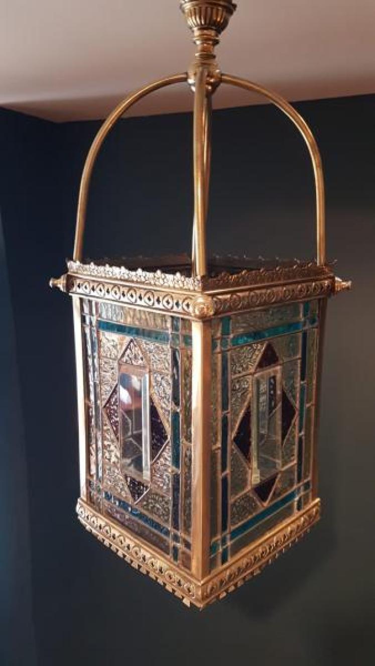 Brass Framed Leaded Glass Lantern - Image 5