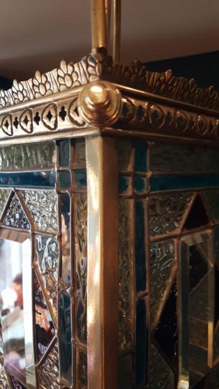 Brass Framed Leaded Glass Lantern - Image 6