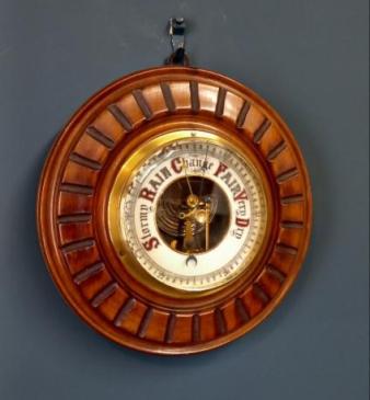 Victorian Walnut Visible Works Aneroid Barometer