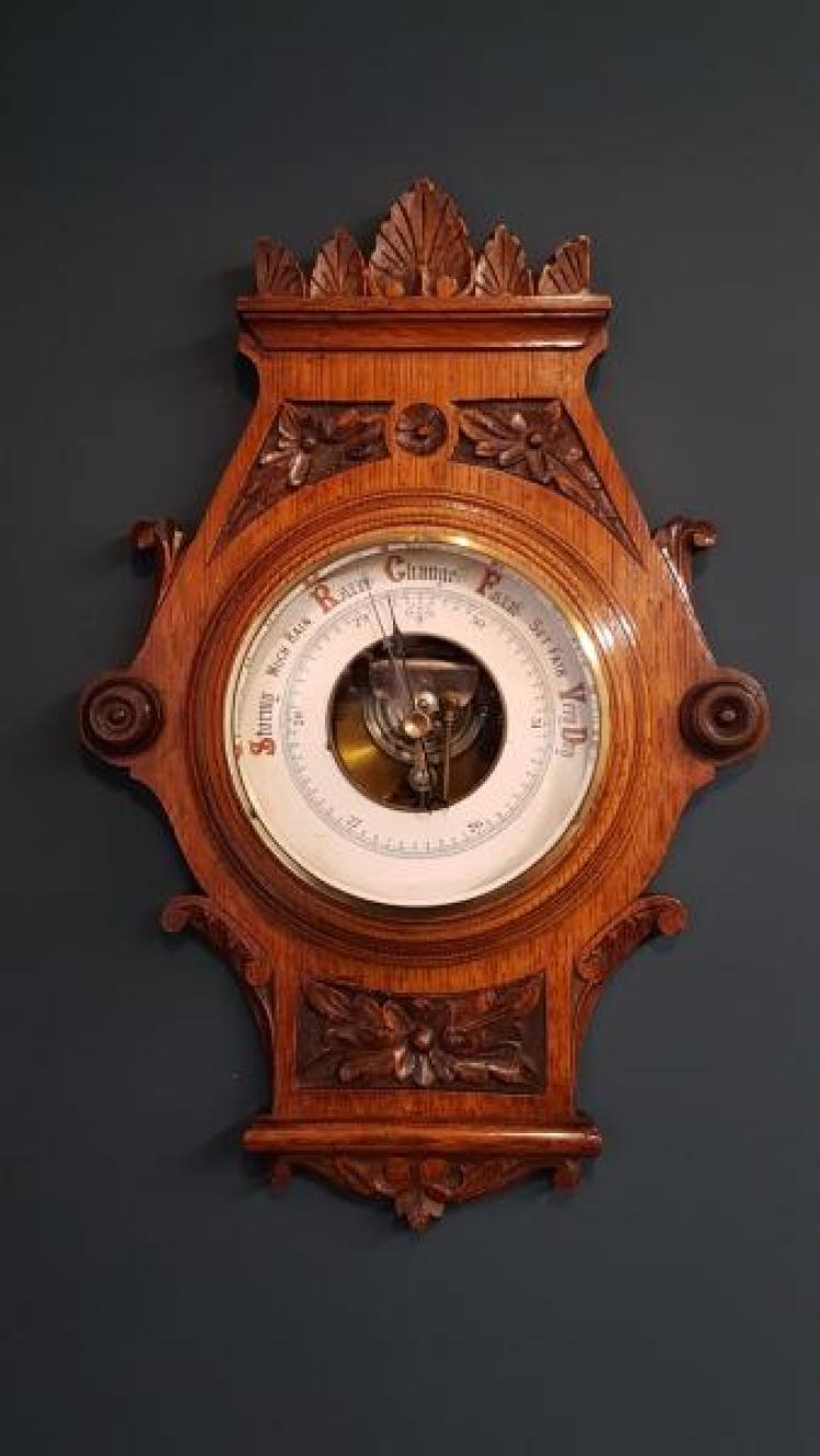 Victorian Golden Oak Carved Aneroid Barometer - Image 1