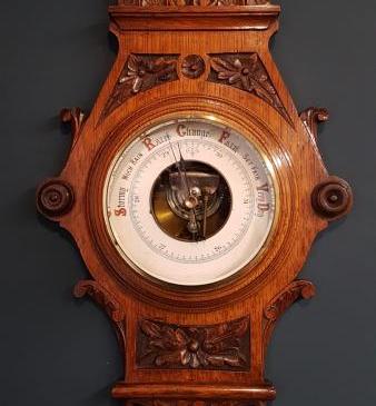 Victorian Golden Oak Carved Aneroid Barometer