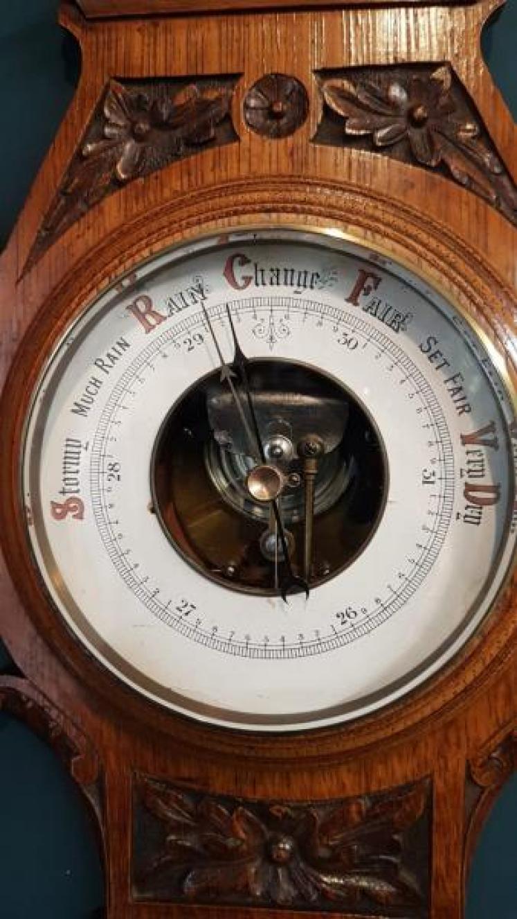 Victorian Golden Oak Carved Aneroid Barometer - Image 2