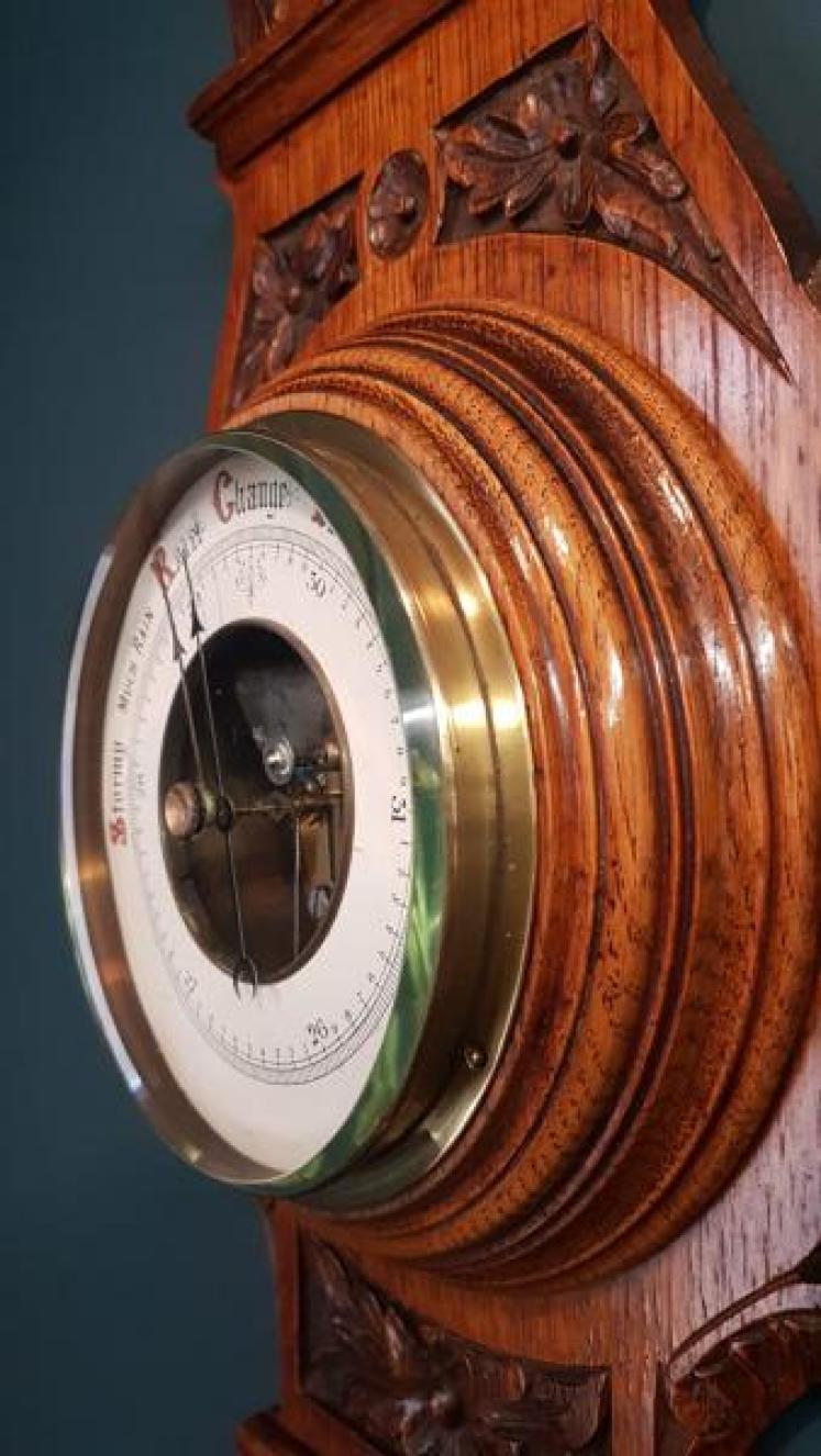 Victorian Golden Oak Carved Aneroid Barometer - Image 3