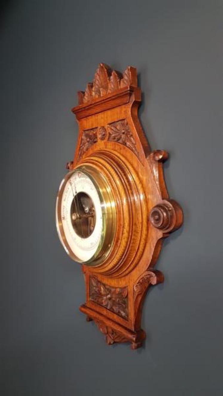 Victorian Golden Oak Carved Aneroid Barometer - Image 4