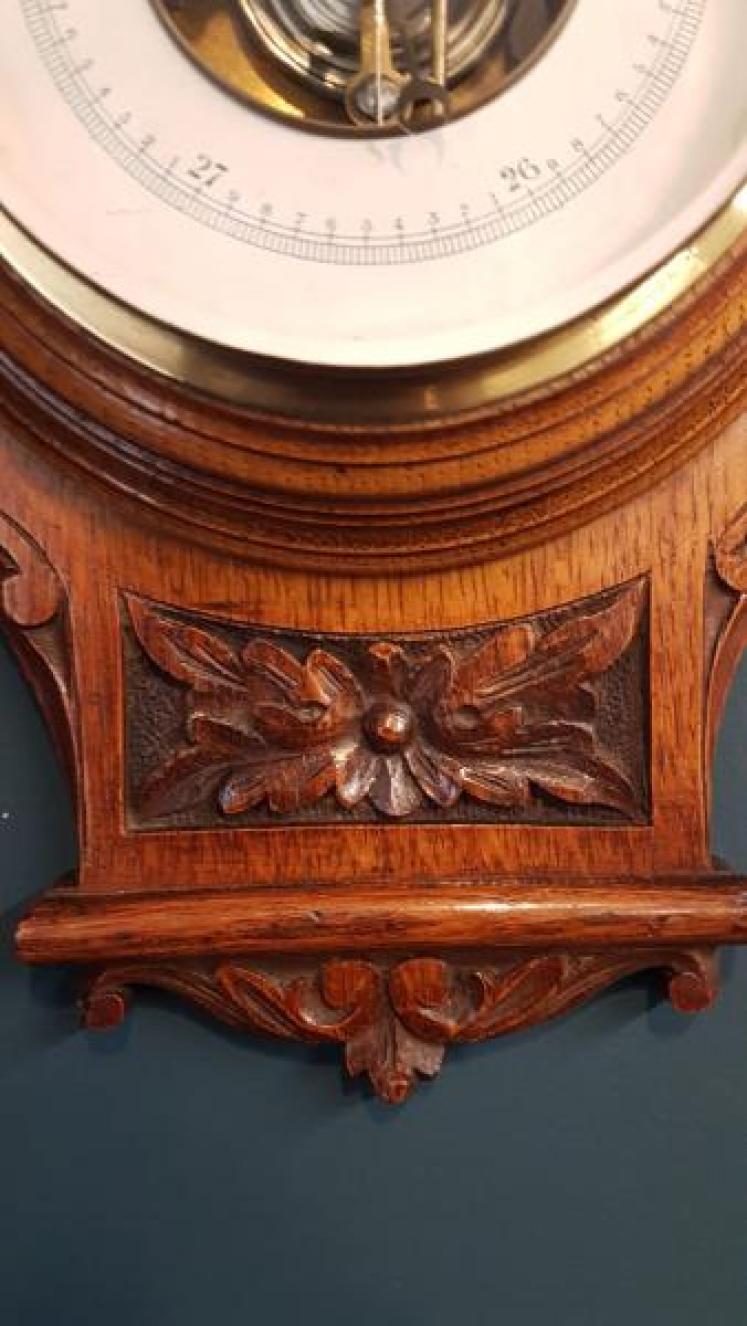 Victorian Golden Oak Carved Aneroid Barometer - Image 5