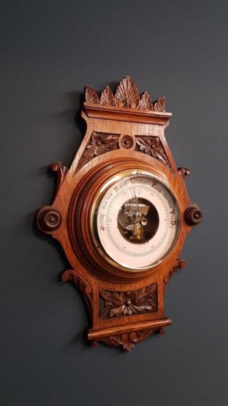 Victorian Golden Oak Carved Aneroid Barometer - Image 6