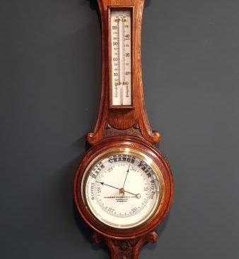 Small Victorian Carved Oak Preston Banjo Barometer