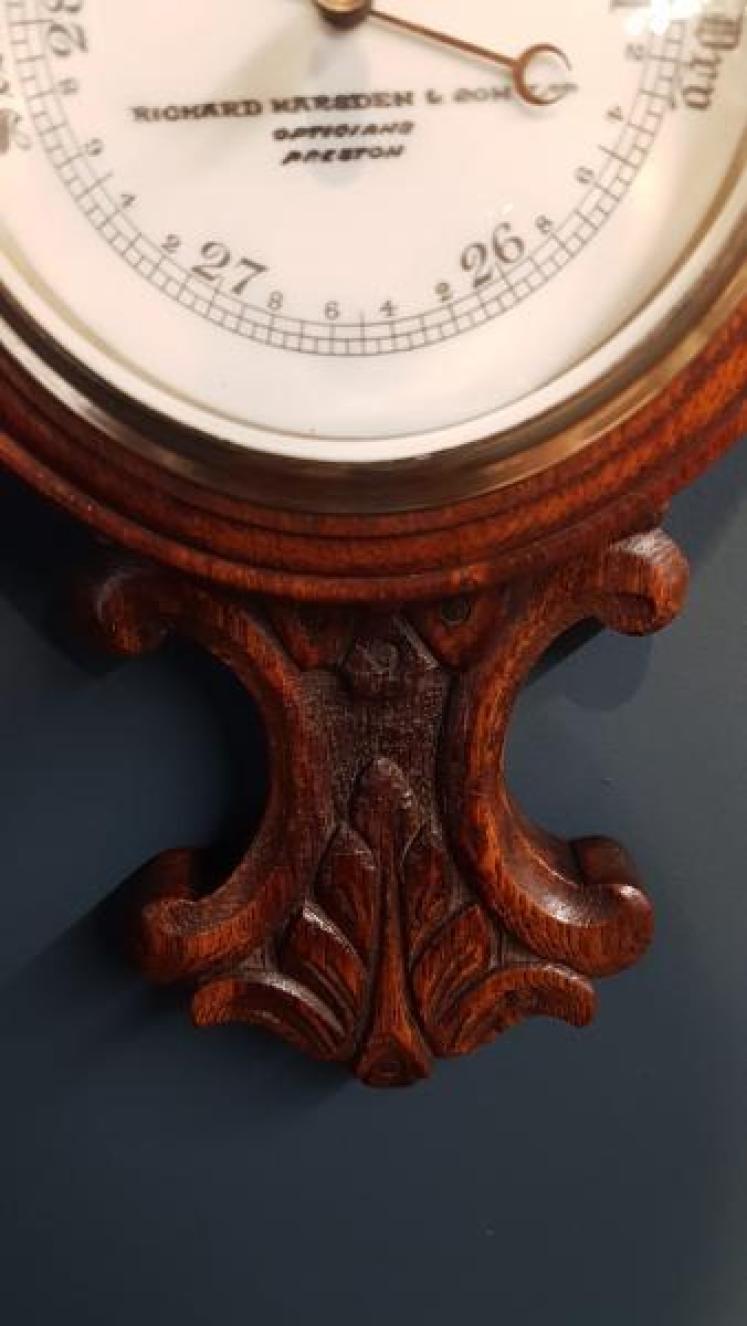 Small Victorian Carved Oak Preston Banjo Barometer - Image 6