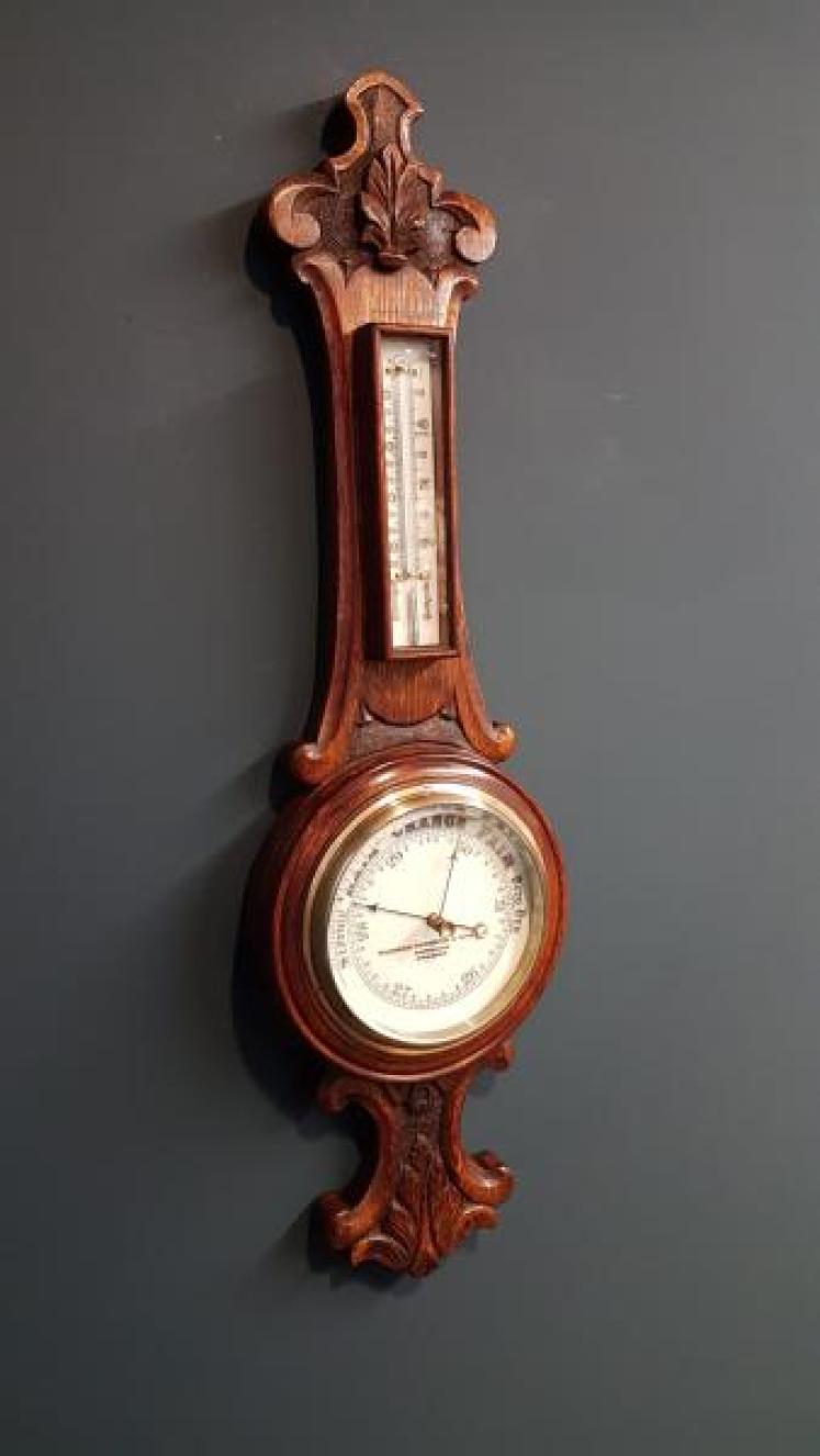 Small Victorian Carved Oak Preston Banjo Barometer - Image 7