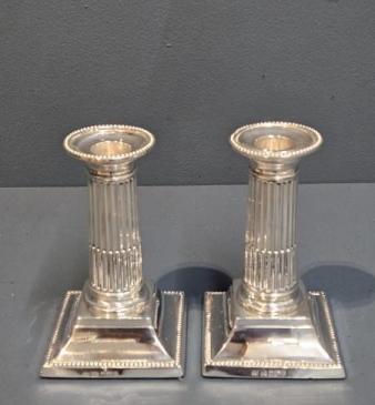 Pair of  Victorian Silver Reeded Column Candlesticks