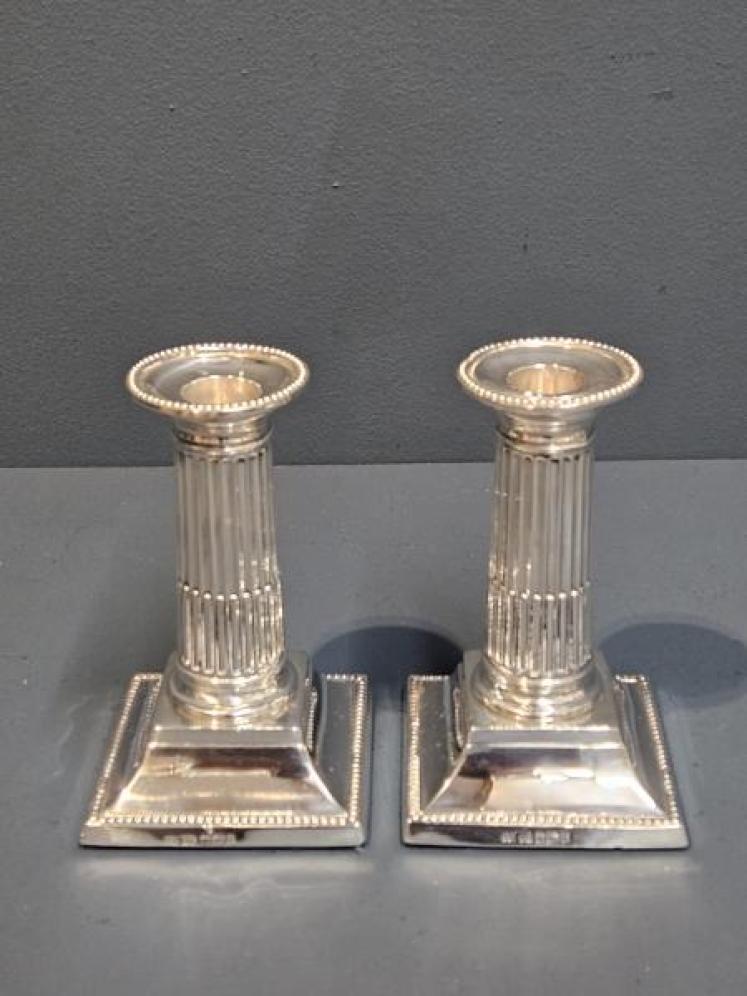 Pair of  Victorian Silver Reeded Column Candlesticks - Image 1