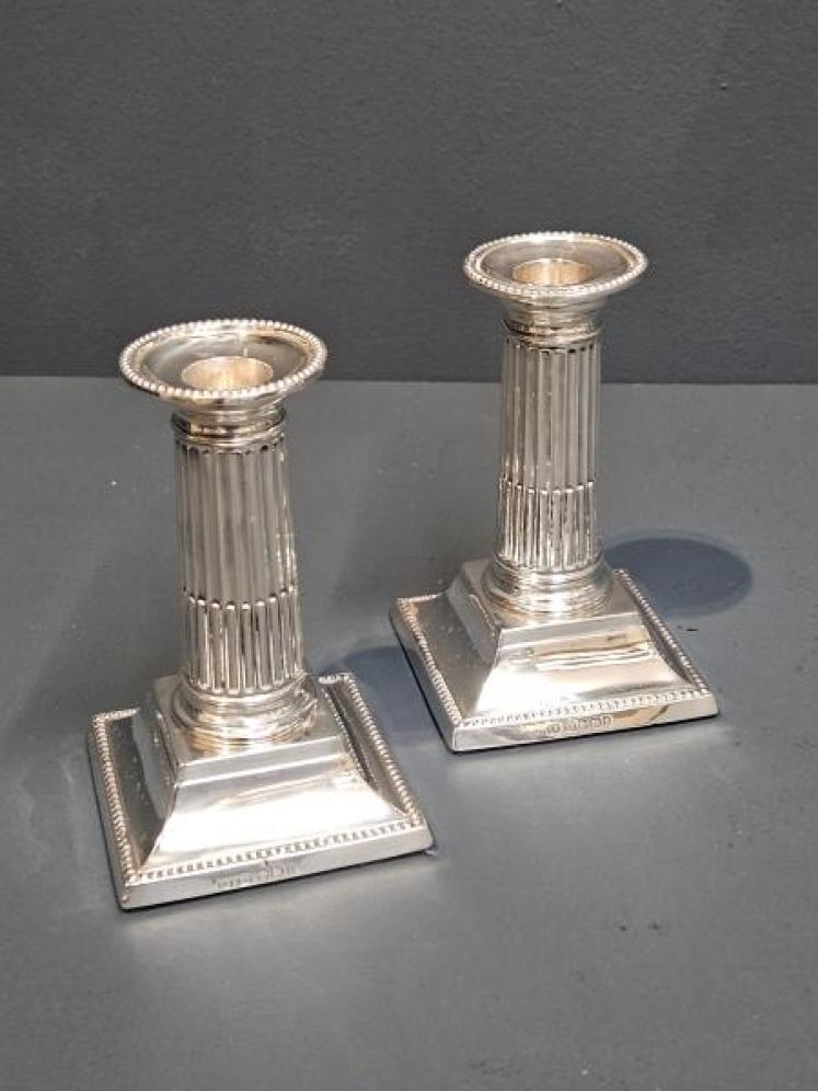 Pair of  Victorian Silver Reeded Column Candlesticks - Image 2