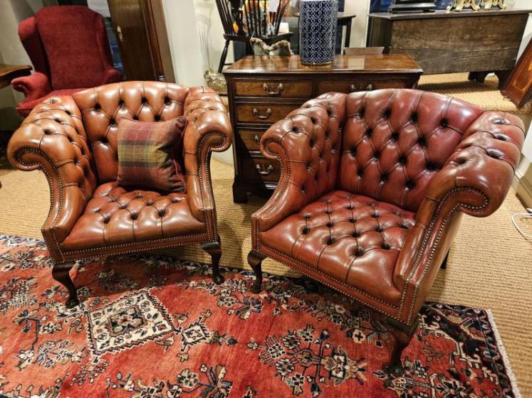Matching Pair of 1920's Red Leather Chesterfield Arm Chairs - Image 1