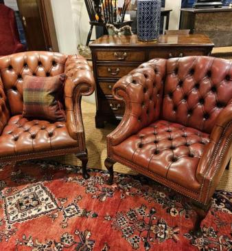 Matching Pair of 1920's Red Leather Chesterfield Arm Chairs