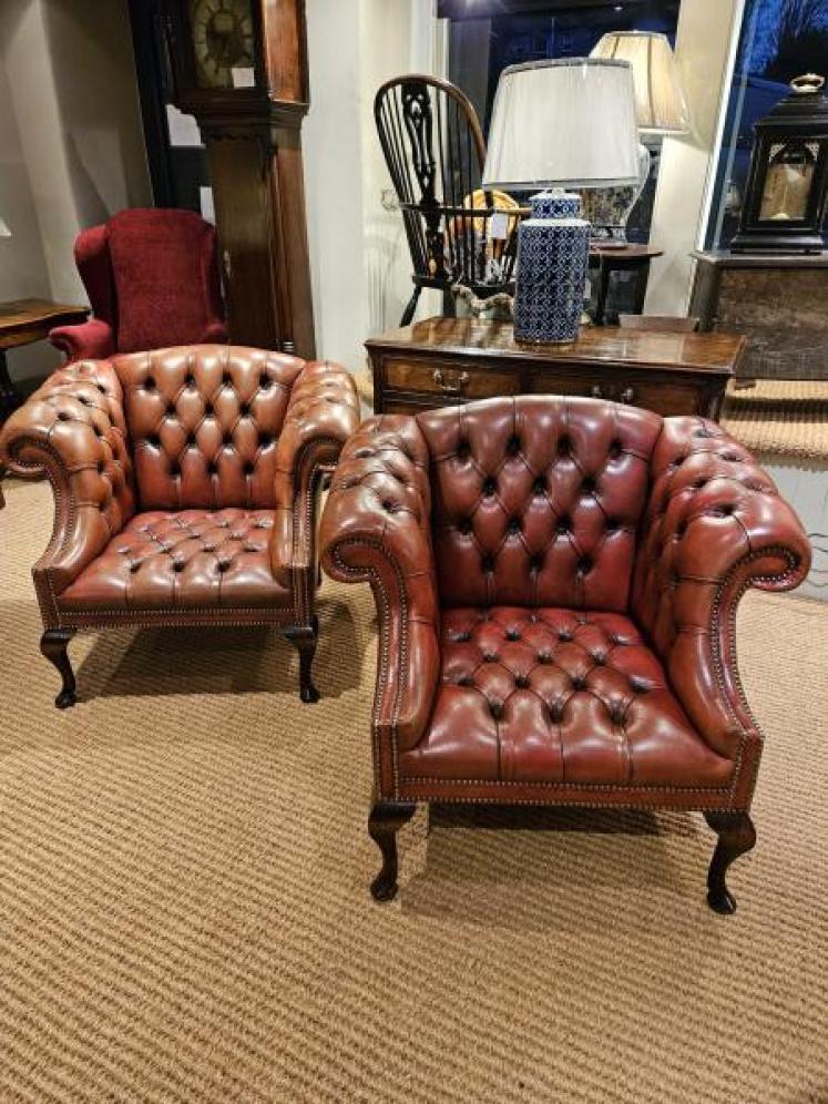Matching Pair of 1920's Red Leather Chesterfield Arm Chairs - Image 2