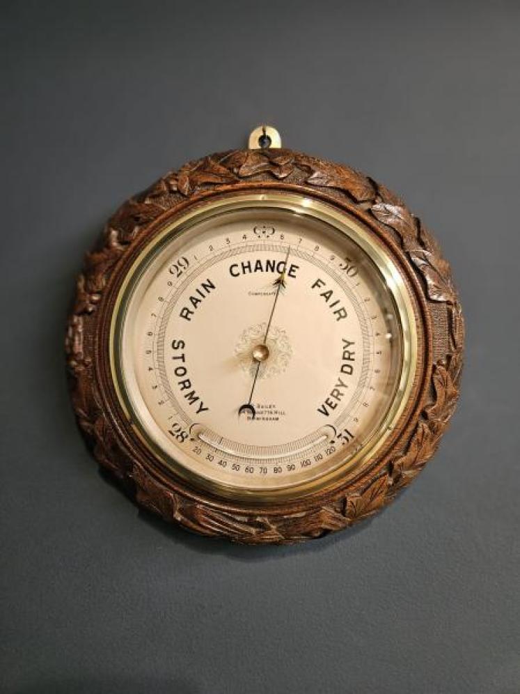 Carved Oak Ships Barometer with Crescent Thermometer - Image 1