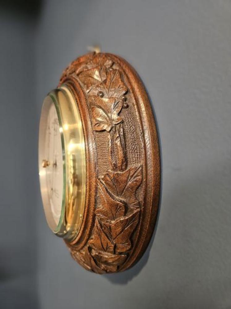 Carved Oak Ships Barometer with Crescent Thermometer - Image 4