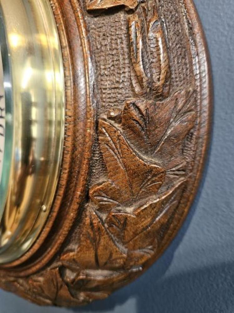 Carved Oak Ships Barometer with Crescent Thermometer - Image 5