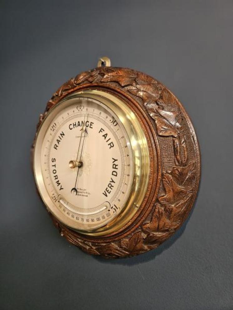 Carved Oak Ships Barometer with Crescent Thermometer - Image 6
