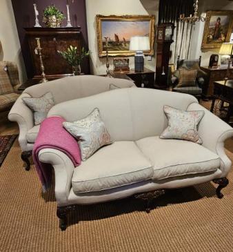 Matching Pair of Victorian Linen Covered Sofas