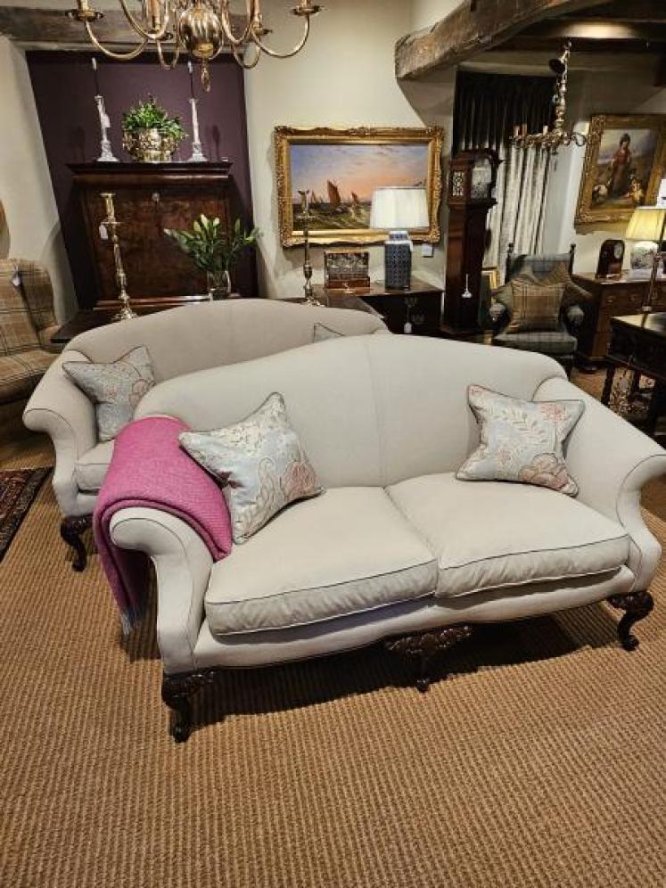 Matching Pair of Victorian Linen Covered Sofas - Image 1