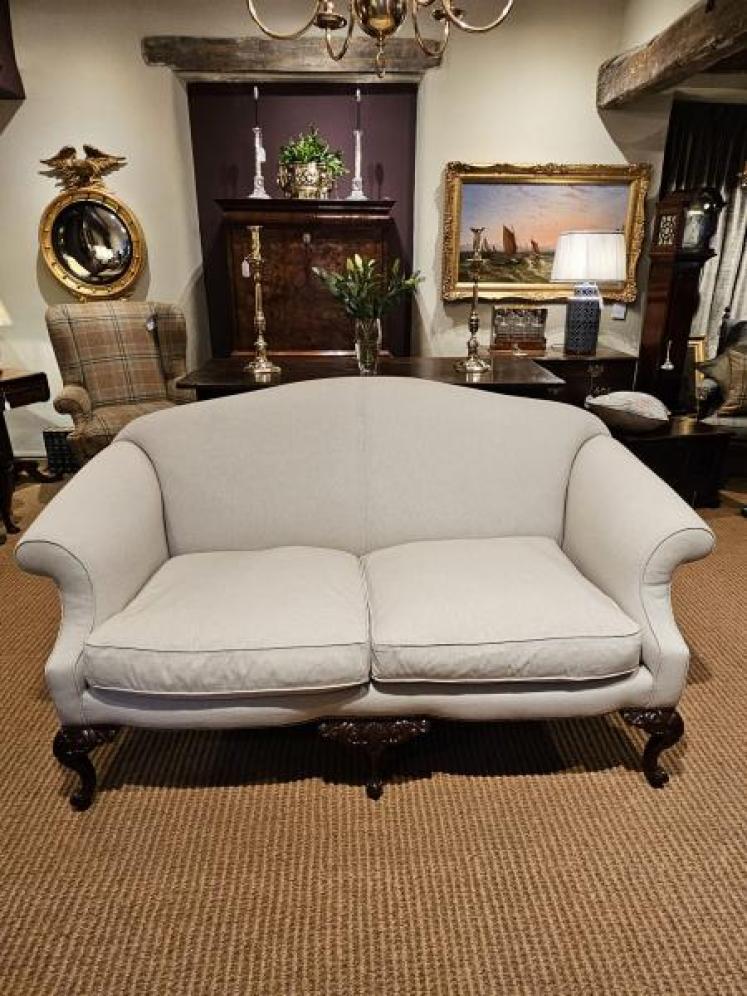 Matching Pair of Victorian Linen Covered Sofas - Image 2
