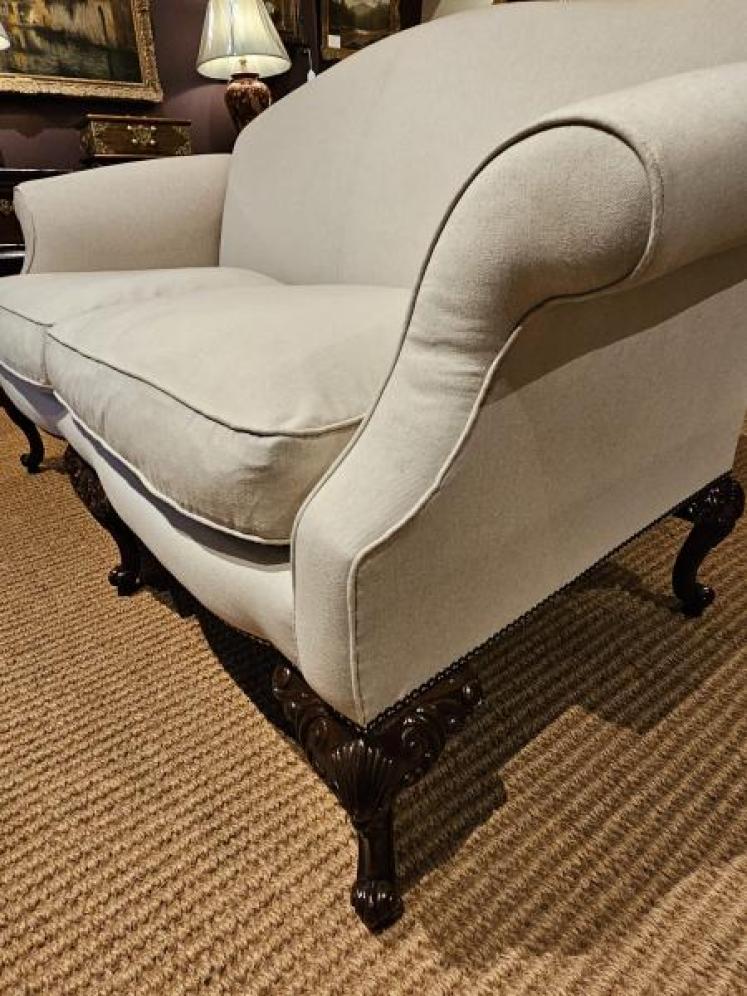 Matching Pair of Victorian Linen Covered Sofas - Image 4