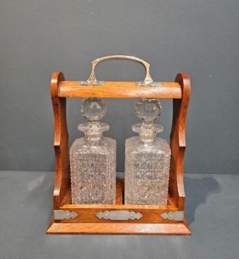 Victorian Oak & Silver Plated Two Bottle Tantalus