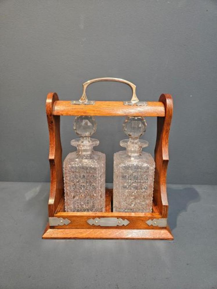 Victorian Oak & Silver Plated Two Bottle Tantalus - Image 1