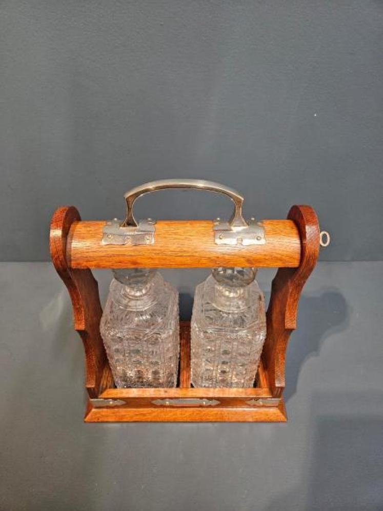 Victorian Oak & Silver Plated Two Bottle Tantalus - Image 3