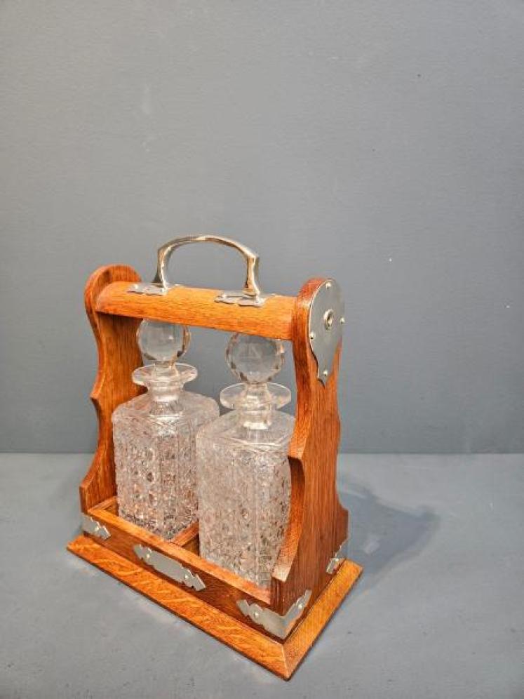 Victorian Oak & Silver Plated Two Bottle Tantalus - Image 7