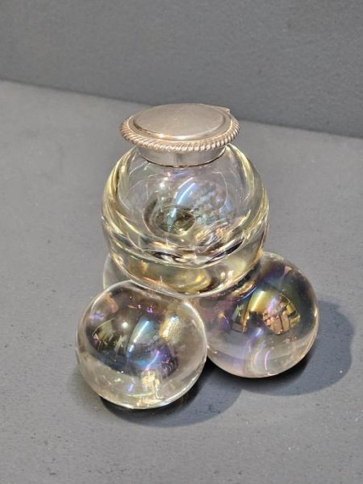 Unusual Victorian Opalescent Crystal and Silver Ink Well - Image 1