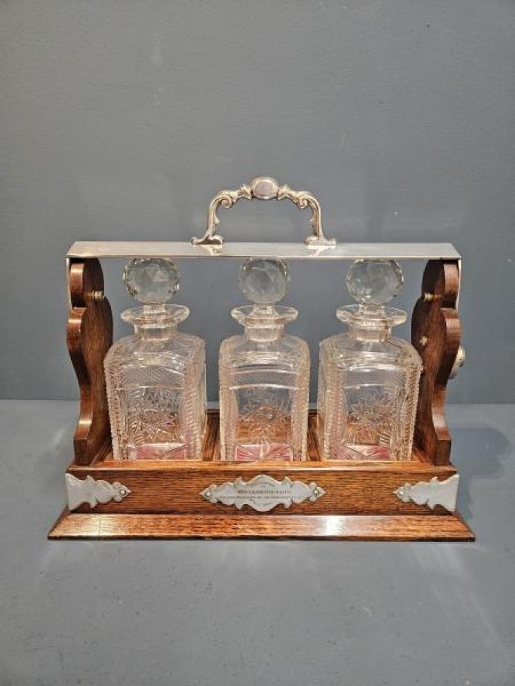 Immaculate Edwardian Oak and Silver Plated 3 Bottle Tantalus - Image 1