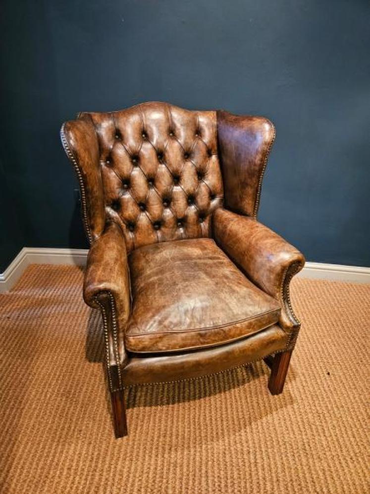 Superb 1920's Brown Hide Wing Back Arm Chair - Image 1