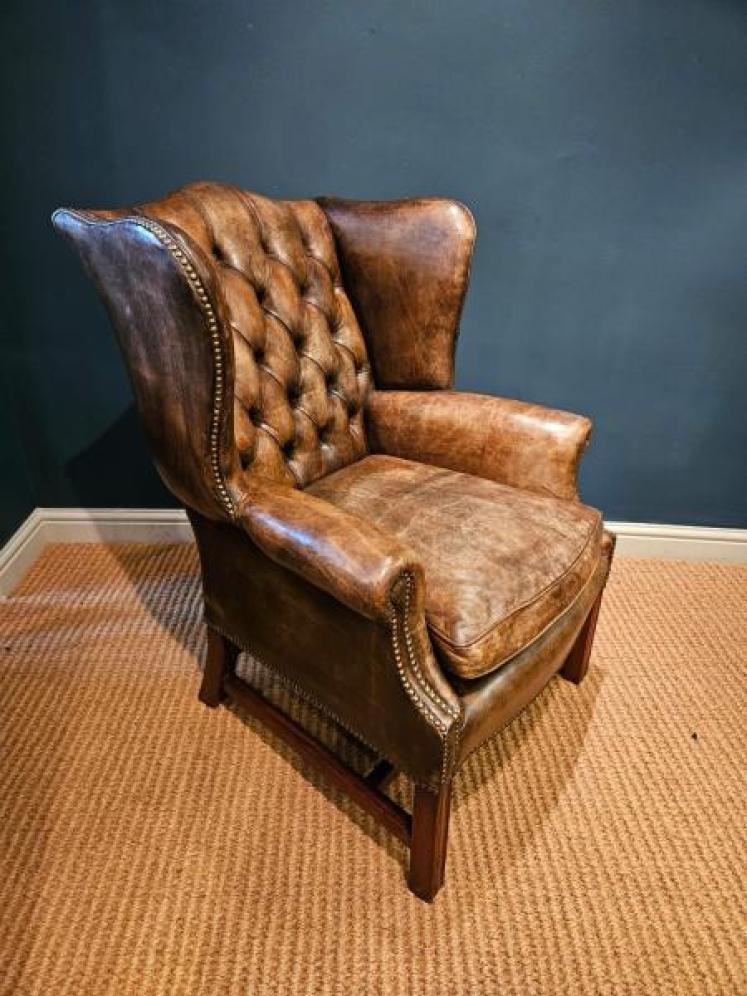 Superb 1920's Brown Hide Wing Back Arm Chair - Image 2