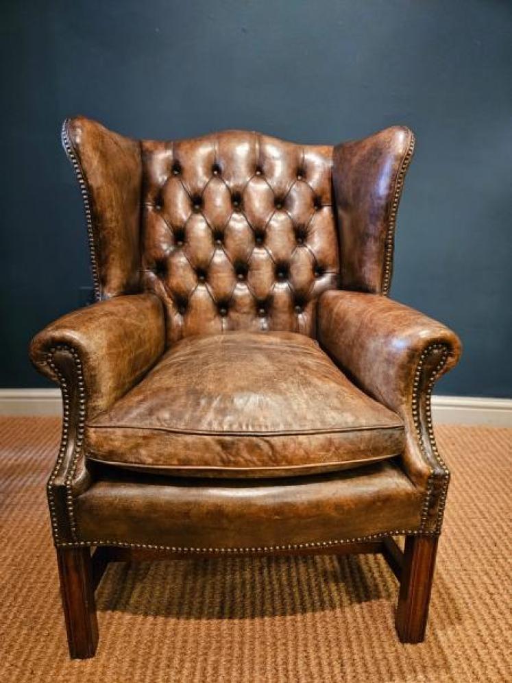 Superb 1920's Brown Hide Wing Back Arm Chair - Image 3