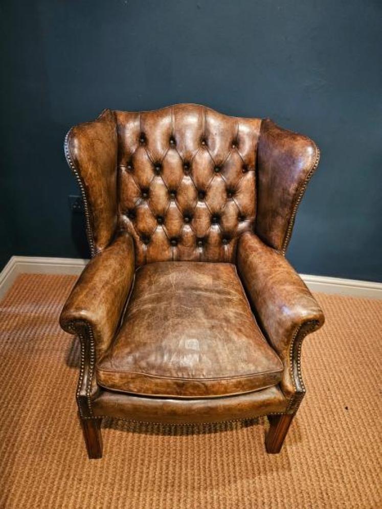 Superb 1920's Brown Hide Wing Back Arm Chair - Image 4