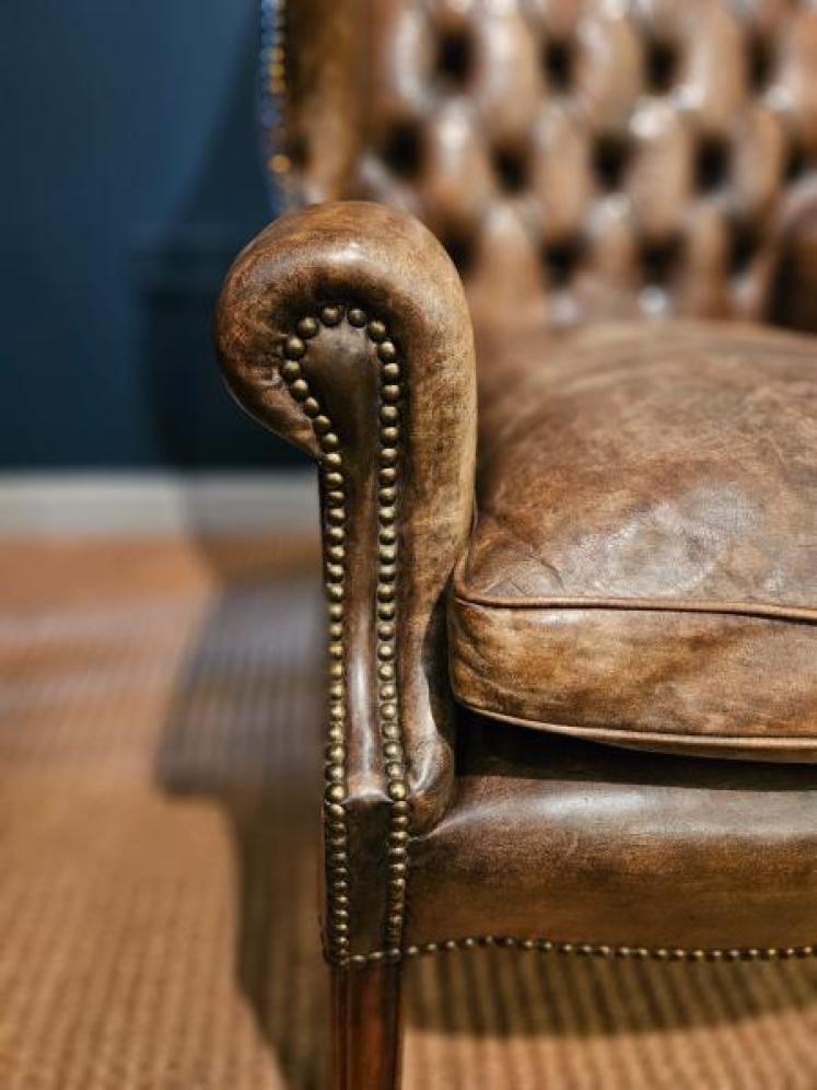 Superb 1920's Brown Hide Wing Back Arm Chair - Image 5