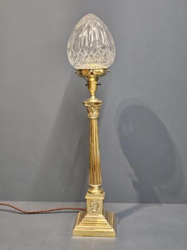 Edwardian Reeded Column Lamp and Crystal Shade - Image 3
