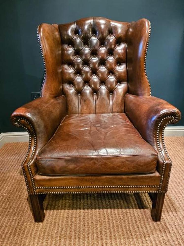 Superb 1920's Brown Leather Wing Arm Chair - Image 1