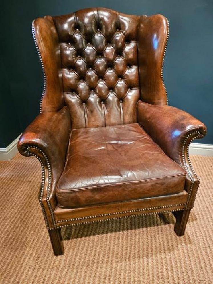 Superb 1920's Brown Leather Wing Arm Chair - Image 4