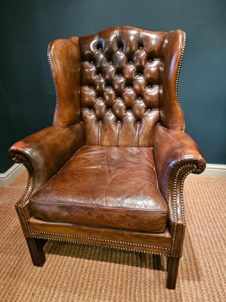 Superb 1920's Brown Leather Wing Arm Chair - Image 7
